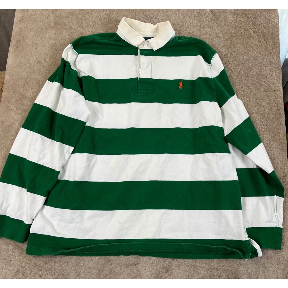 Vintage Polo Ralph Lauren Rugby Polo Shirt Men's 2XL, green white Striped stain
